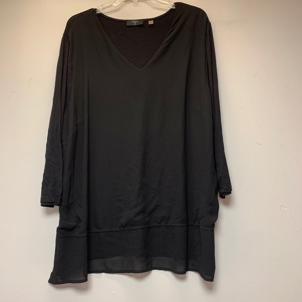 T Tahari V-Neck Tunic Womens 1X Black Excellent Mixed Media Sheer Hem Blouse